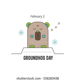 Vector thin line icon, Groundhog day. Marmot looks out of the hole. February 2, tradition of the weather predicting. Simple mono linear modern design.