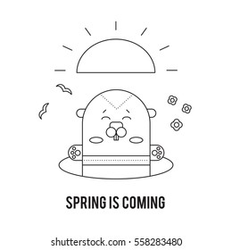 Vector thin line icon, Groundhog day. Marmot looks out of the hole. February 2, tradition of the weather predicting. Simple mono linear modern design.