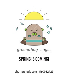 Vector thin line icon, Groundhog day. Marmot looks out of the hole. February 2, tradition of the weather predicting. Simple mono linear modern design.