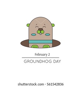 Vector thin line icon, Groundhog day. Marmot looks out of the hole. February 2, tradition of the weather predicting. Simple mono linear modern design.