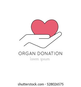 Vector thin line icon, heart in hand, logo template illustration. Part of Organ Donation set. Colored pictogram, healthcare medicine isolated symbol. Simple mono linear modern design.
