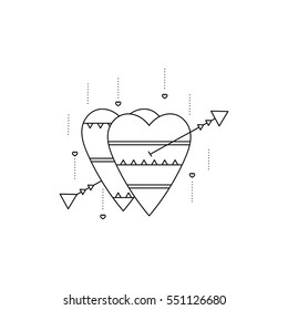Vector thin line icon, hearts with arrow, logo template illustration. Black on white pictogram, human emotion isolated symbol. Simple mono linear modern design.