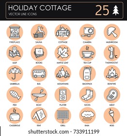 Vector thin line icon of holiday. Linear pictogram with editable strokes for holiday cottage. Elements -  fireplace, sauna, thermostat, mountains, tent, bonfire, grill, books and tea cup.