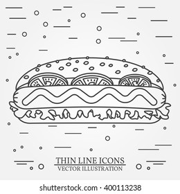Vector thin line icon  Hot dog. For web design and application interface, also useful for infographics. Vector dark grey. Vector illustration.