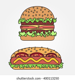 Vector thin line icon  hot dog and burger. For web design and application interface, also useful for infographics. Vector dark grey. Vector illustration.