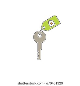 Vector thin line icon, house key. Metaphor of buying or renting a building. New property. Colored isolated symbol. Simple mono linear modern design.