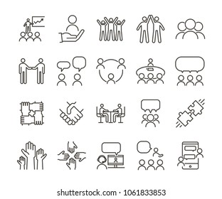Vector thin line icon illustration set. Teamwork and people interacting, communicating and working together for business companies or other nonprofit organizations. - Shutterstock ID 1061833853