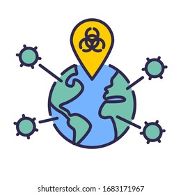 Vector thin line icon illustration with planet earth globe, biohazard symbol and virus. For concepts of pandemics, epidemics, biowarfare, coronavirus, covid19 and other dangers of viral disease outbre