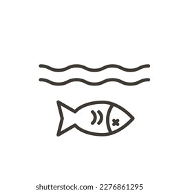 Vector thin line icon illustration with dead fish under the water. Minimal illustration  of a dead fish representing health of the oceans, environmental awareness