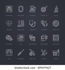Vector thin line icon of medical equipment, research. Medical check-up, test elements - MRI, xray, glucometer, blood pressure, laboratory. Linear pictogram with editable stroke for clinic, hospital.