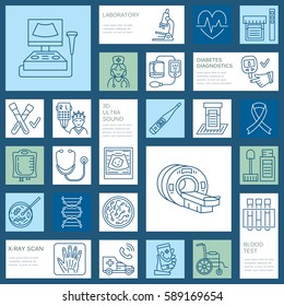 Vector thin line icon of medical equipment, research. health check-up, test elements - MRI, xray, glucometer, blood pressure, laboratory. Linear pictogram with editable stroke for clinic, hospital.