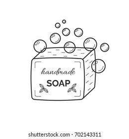 Vector thin line icon of natural organic handmade soap with bubble foam. Design concept for logo or label isolated on white background