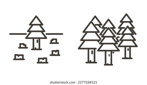 Vektordünne Linie Symbol umreißen Linearstrich Abbildung des gleichen Waldes vor und nach dem Schneiden, Entwaldung. Vollbäume und ihre Stumpfkolonne