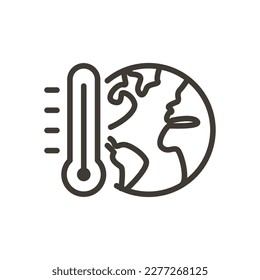 Vector thin line icon outline linear stroke illustration of a globe with a thermometer. Global warming concept