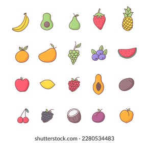 Vector thin line icon outline linear stroke icon doodle illustrations. Set of 20 different fresh fruits hand drawn