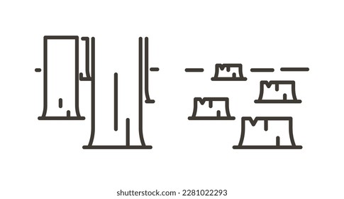 Vektordünne Linie Symbol umreißen Linearstrich Abbildung des gleichen Waldes vor und nach dem Schneiden, Entwaldung. Vollbäume und ihre Stumpfkolonne