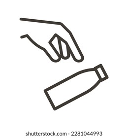 Vector thin line icon outline linear stroke illustration of hand throwing bottle into trash bin or into the floor, depending on context. Waste, recycle and dispose