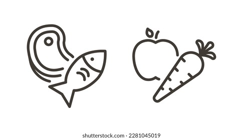 Icono de línea delgada vectora esquema de trazos lineales ilustraciones de dieta basada en carne y dieta basada en plantas. Pescado, zanahoria y manzana