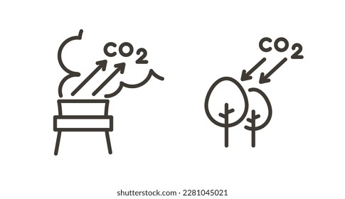 Vector thin line icon outline linear stroke illustrations. CO2 emissions by a factory and CO2 offseting by forest trees