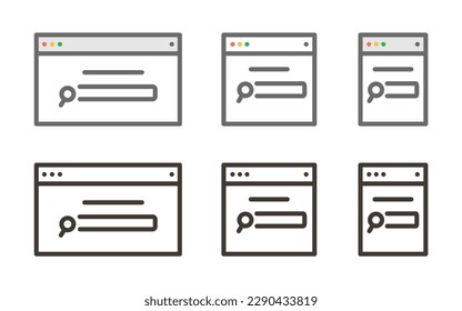 Vector thin line icon outline linear stroke graphic element of a web page tab in different sizes with search bar