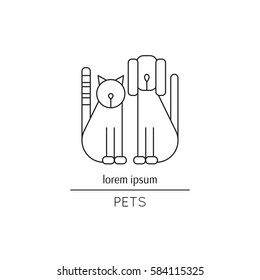 Vector thin line icon, pets, cat and dog. Logo template illustration for pet shop, hotel, veterinary clinic. Domestic animals. Black on white isolated symbol. Simple mono linear modern design.