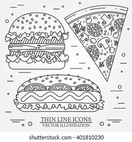 Vector thin line icon pizza,  hot dog and burger . For web design and application interface, also useful for infographics. Vector dark grey. Vector illustration.