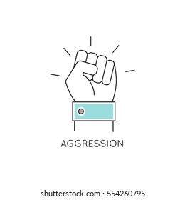 Vector thin line icon, problems in couple. Big fist. Metaphor of aggression and family tyranny. Colored isolated symbol. Simple mono linear modern design.