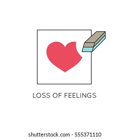 Vector thin line icon, problems in couple. Half erased heart. Metaphor of loss of feelings. Colored isolated symbol. Simple mono linear modern design.