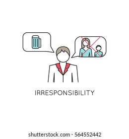 Vector thin line icon, problems in couple. Man, not thinking of the family. Metaphor of irresponsibility, indifference. Colored isolated symbol. Simple mono linear modern design.