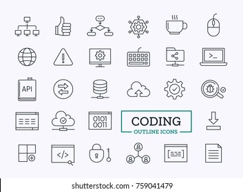 Vector Thin Line icon of Programming, Coding, Development, Cloud, network, data, update, quality assurance.  Symbols for Website