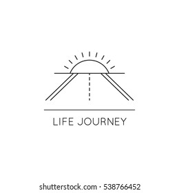 Vector Thin Line Icon, Road And Sun Above The Horizon. Metaphor Of Achieving Goals And Life Journey. Black On White Isolated Symbol. Simple Mono Linear Modern Design.