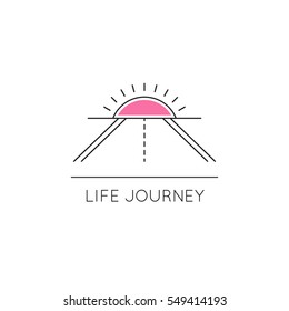 Vector thin line icon, road and sun above the horizon. Metaphor of achieving goals and life journey. Colored isolated symbol. Simple mono linear modern design.