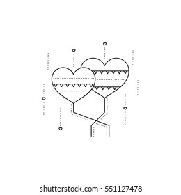 Vector thin line icon, romantic heart balloons. Valentine's Day, feelings of romance and love. Black on white pictogram, isolated symbol. Simple mono linear modern design.