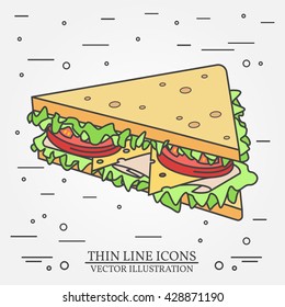Vector thin line icon sandwich. For web design and application interface, also useful for infographics. Vector dark grey. Vector illustration.