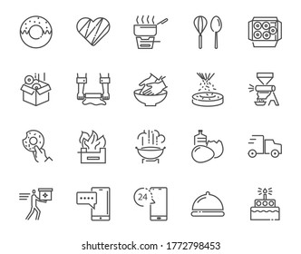 Vector thin line icon set of Donuts making at home and related thing, 64x64 Pixel perfect icon, editable icon for web design and application on white isolated background