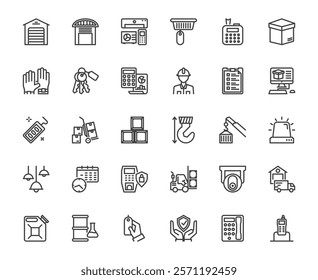 Vector thin line icon set of warehouse service related things, delivering and transportation concept, editable stroke 48x48 pixel perfect for website, mobile app, media, ux,ui design