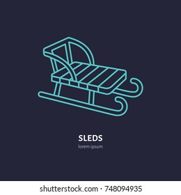 Vector thin line icon of sleds. Winter recreation equipment rent logo. Outline symbol of sleigh. Cold season activities, sledge sign.