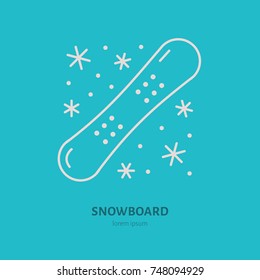 Vector thin line icon of snowboard. Winter recreation equipment rent logo. Outline symbol cold season activities sign.