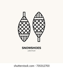 Icono de línea delgada vectorial de raquetas de nieve. Logo de alquiler de equipos de recreación de invierno. Símbolo de esquema de caminar sobre la nieve. Señal de las actividades de la temporada fría.