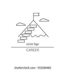 Vector thin line icon, stairs to the mountain top. Metaphor of achieving goals and career. Black on white isolated symbol. Career growth, achievement and aspiration. Simple mono linear modern design.