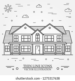 Vector thin line icon suburban american house. For web design and application interface, also useful for infographics. Vector dark grey. Vector illustration.