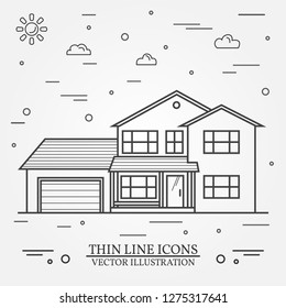 Vector thin line icon suburban american house. For web design and application interface, also useful for infographics. Vector dark grey. Vector illustration.