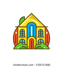 Vector thin line icon suburban American house. Vector colorful line art home design.line art colorful cartoonist concept home design illustration.
