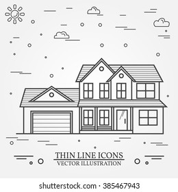 Vector thin line icon  suburban american house. For web design and application interface, also useful for infographics. Vector dark grey. Vector illustration.