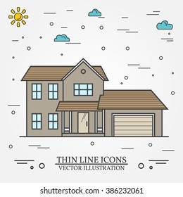Vector thin line icon  suburban american house. For web design and application interface, also useful for infographics. Vector dark grey. Vector illustration.