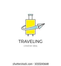 Vector thin line icon, suitcase and paper airplane. Logo template illustration for airline company, airport or travel agency. Colored isolated symbol. Simple mono linear modern design.