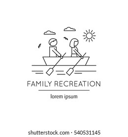 Vector thin line icon, two people sailing boat. Metaphor of family recreation and happy couple. Black on white isolated symbol. Simple mono linear modern design.
