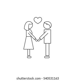 Vector thin line icon, two people in love. Metaphor of amorousness, affection and faithfulness. Man and woman are holding hands. Black on white isolated symbol. Simple mono linear modern design.