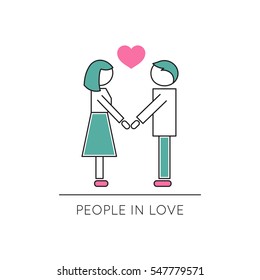 Vector thin line icon, two people in love. Metaphor of amorousness, affection and faithfulness. Man and woman are holding hands. Colored isolated symbol. Simple mono linear modern design.