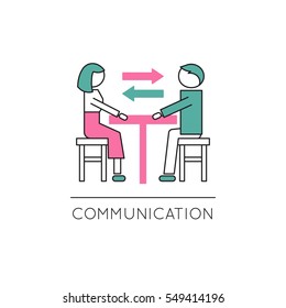 Vector thin line icon, two people in dialogue at the table. Metaphor of family communication and mutual understanding. Colored isolated symbol. Simple mono linear modern design.